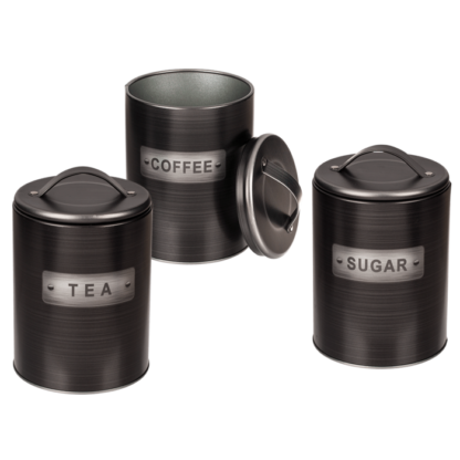 Black, round metal tin,