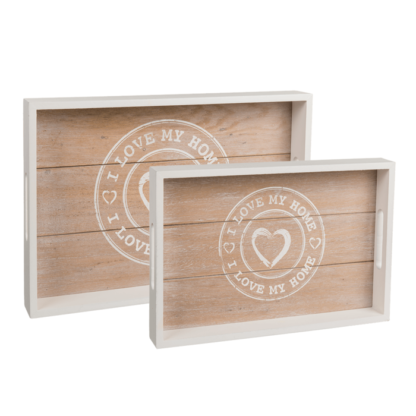White/nature coloured wooden tray, I love my home,
