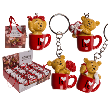 Metal keyring, polyresin bear in mug,