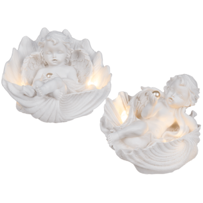 Lying polyresin angel with pearl in shell & LED,
