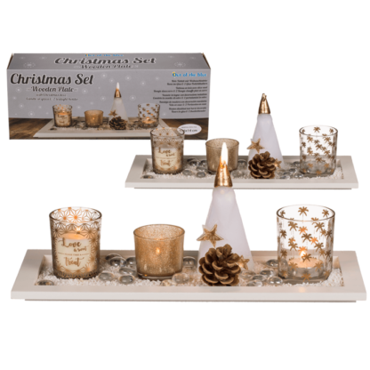 Christmas set with white wooden plate,