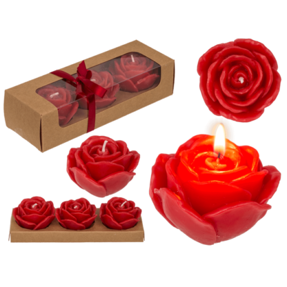 Red colored candle, rose, set of 3 pcs,