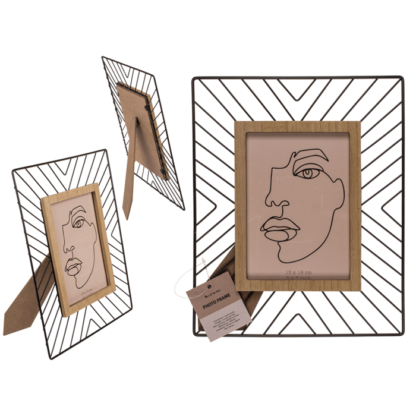 Black metal photo frame with wooden decor,