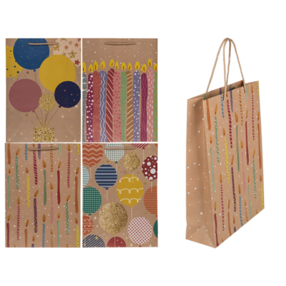 Paper gift bag, ballooons & candles,