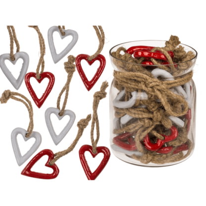 Metal hearts with jute rope, 10 x 10 x 12cm,
