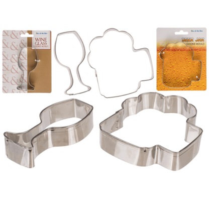 Metal cookie mould, beer jar & wine glass,